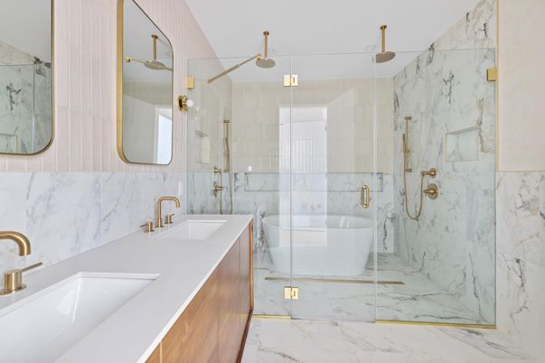 Bathroom, Dual Sink Vanities, Free Standing Baths, Glass Shower, Interior, Marble, Marble Walls