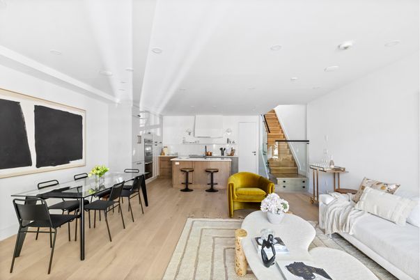 Dining room, Interior, Kitchen, Living room, Recessed Lighting, Wood Texture Flooring