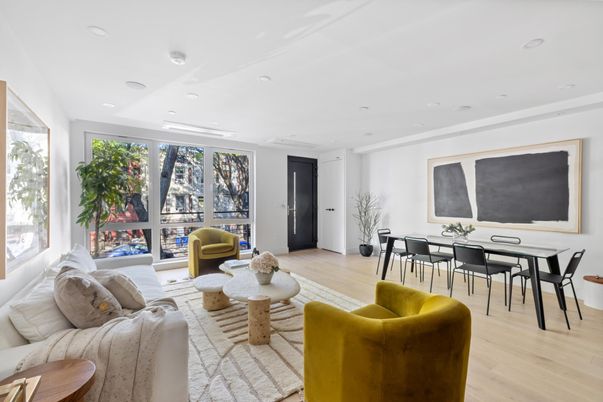 Dining room, Interior, Living room, Recessed Lighting, Wood Texture Flooring