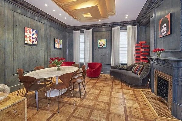 Dining room, Fireplace, Interior, Living room, Recessed Lighting, Wood Texture Flooring, Wooden Walls