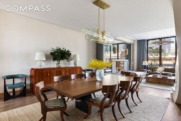 Dining room, Fireplace, Interior, Living room, Pendant Lights, Wood Texture Flooring
