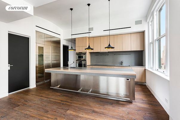 Interior, Kitchen, Pendant Lights, Stainless Steel Appliances, Wood Texture Flooring