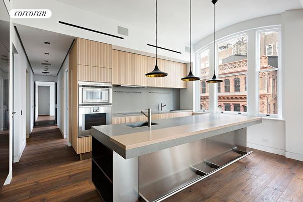 Interior, Kitchen, Pendant Lights, Stainless Steel Appliances, Wood Texture Flooring