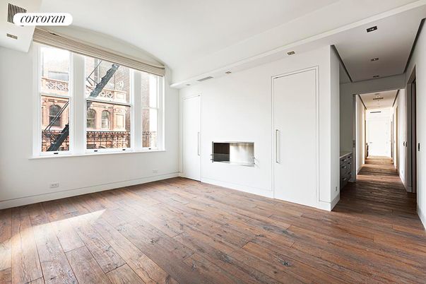 Empty room, Fireplace, Interior, Recessed Lighting, Wood Texture Flooring
