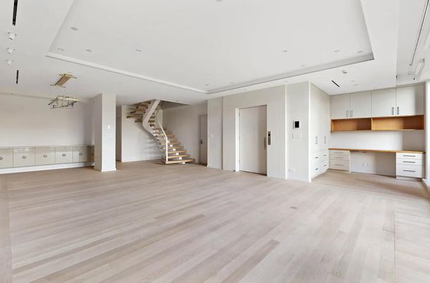 Empty room, Interior, Pendant Lights, Recessed Lighting, Wood Texture Flooring