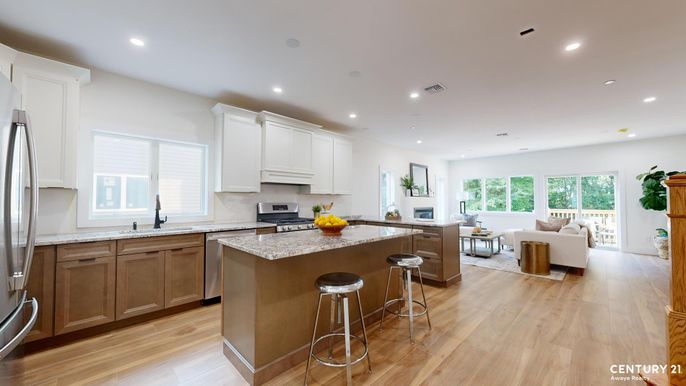 Interior, Kitchen, Living room, Recessed Lighting, Stainless Steel Appliances, Wood Texture Flooring