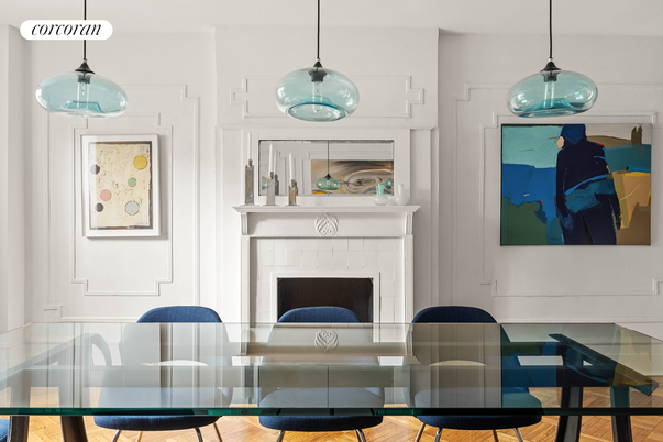 Dining room, Fireplace, Interior, Pendant Lights