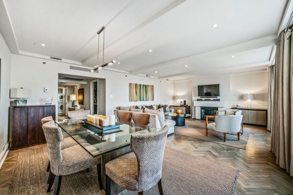 Dining room, Fireplace, Interior, Living room, Pendant Lights, Recessed Lighting, Wood Texture Flooring