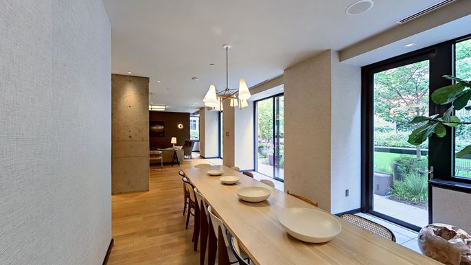 Dining room, Interior, Kitchen, Pendant Lights, Recessed Lighting, Wood Texture Flooring