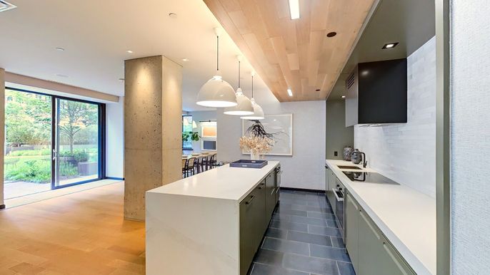 Dining room, Interior, Kitchen, Pendant Lights, Recessed Lighting, Wooden Ceilings, Wood Texture Flooring