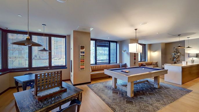 Billiard Table, Game Room, Interior, Pendant Lights, Recessed Lighting, Wood Texture Flooring
