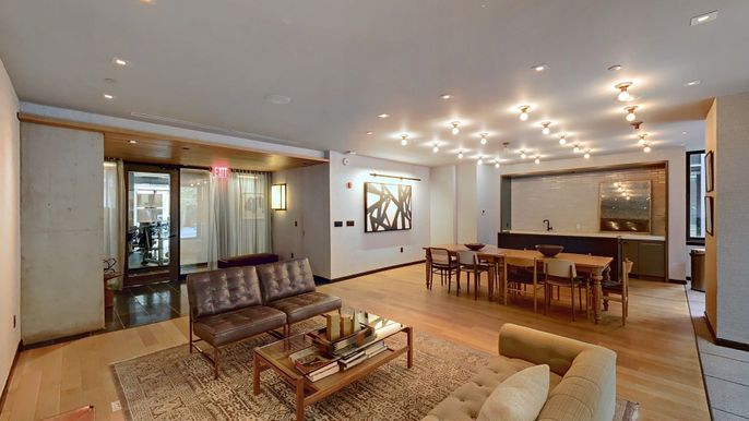 Dining room, Interior, Living room, Recessed Lighting, Wood Texture Flooring
