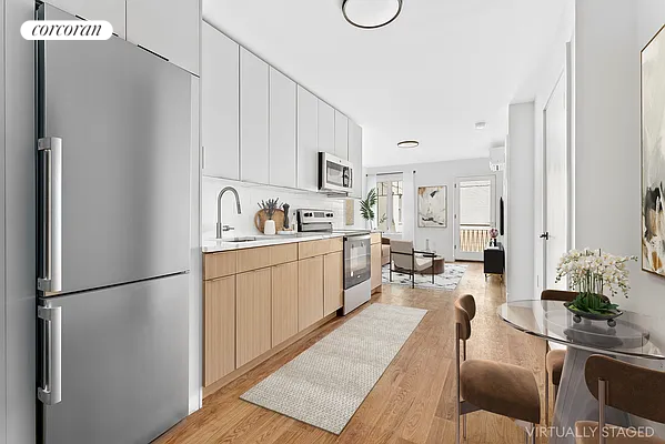Dining room, Interior, Kitchen, Recessed Lighting, Stainless Steel Appliances, Wood Texture Flooring