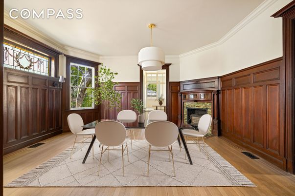 Dining room, Fireplace, Interior, Wood Texture Flooring