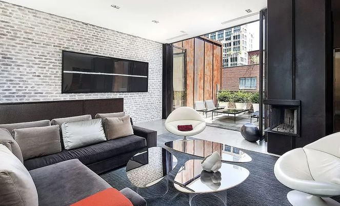 Fireplace, Interior, Living room, Recessed Lighting, Stone Walls, Wood Texture Flooring