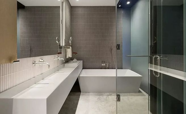 Bathroom, Dual Sink Vanities, Free Standing Baths, Glass Shower, Interior, Marble, Recessed Lighting
