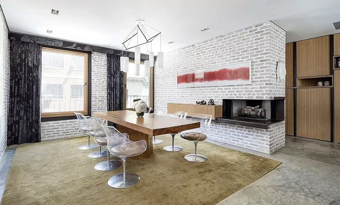 Dining room, Fireplace, Interior, Pendant Lights, Stone Walls