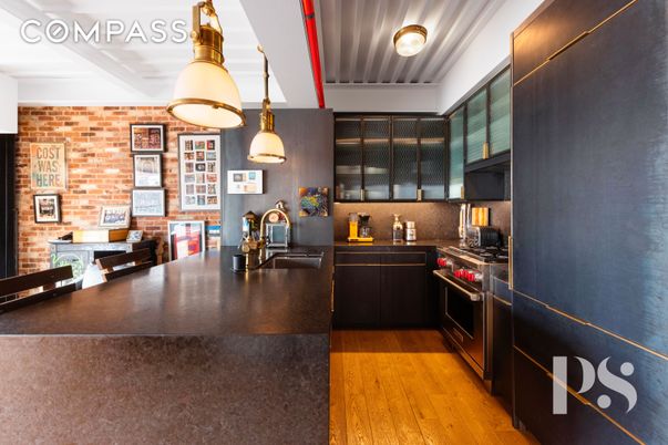 Interior, Kitchen, Pendant Lights, Stone Walls, Wood Texture Flooring