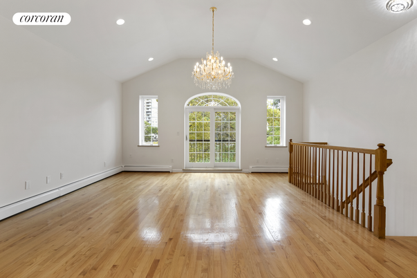 Chandelier, Empty room, Interior, Recessed Lighting, Wood Texture Flooring