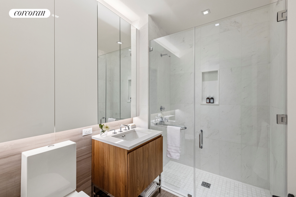 Bathroom, Glass Shower, Interior, Marble Walls, Recessed Lighting