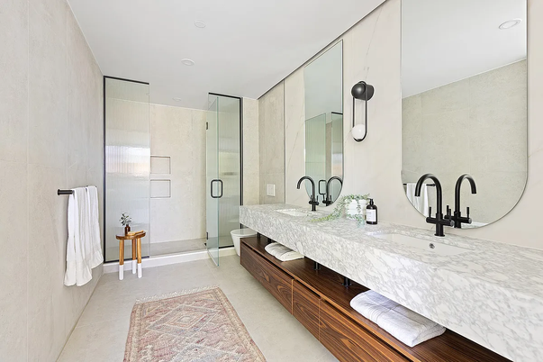 Bathroom, Dual Sink Vanities, Glass Shower, Interior, Recessed Lighting