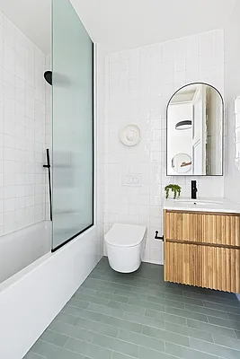 Bathroom, Glass Shower, Interior, Wood Texture Flooring