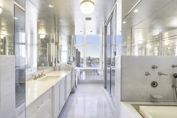 Bathroom, Dual Sink Vanities, Interior, Marble, Recessed Lighting