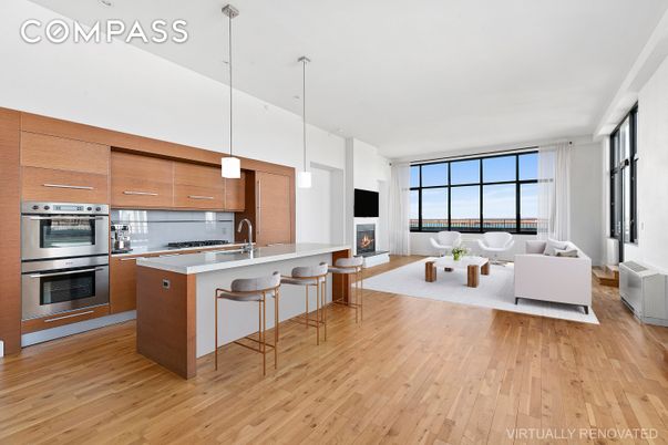 Fireplace, Interior, Kitchen, Living room, Pendant Lights, Stainless Steel Appliances, Wood Texture Flooring