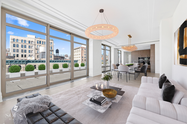 Chandelier, Dining room, Interior, Kitchen, Living room, Pendant Lights, Stainless Steel Appliances, Wood Texture Flooring