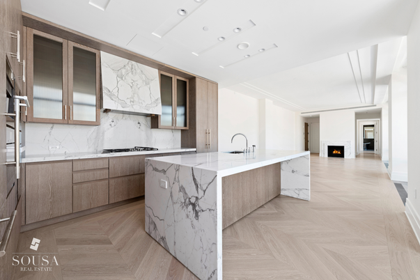 Fireplace, Interior, Kitchen, Marble Walls, Recessed Lighting, Wood Texture Flooring