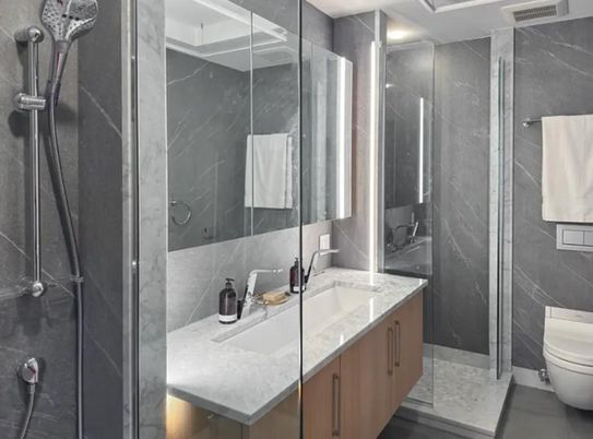 Bathroom, Glass Shower, Interior, Marble Walls, Recessed Lighting