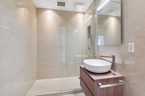 Bathroom, Glass Shower, Interior, Recessed Lighting