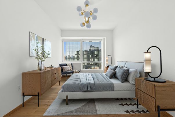 Bedroom, Interior, Pendant Lights, Wood Texture Flooring