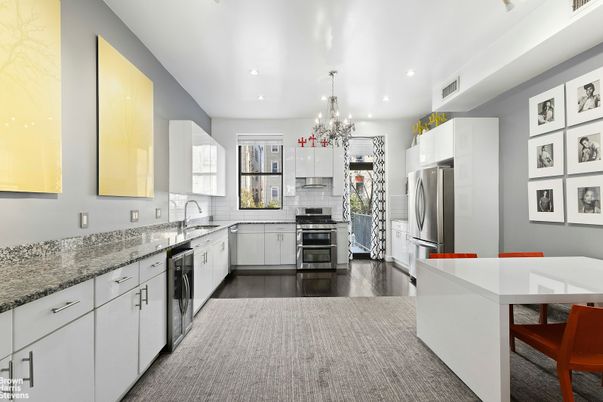 Chandelier, Interior, Kitchen, Recessed Lighting, Stainless Steel Appliances, Wood Texture Flooring