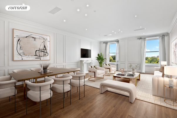 Dining room, Interior, Living room, Recessed Lighting, Wood Texture Flooring