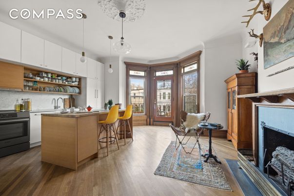 Fireplace, Interior, Kitchen, Pendant Lights, Wood Texture Flooring