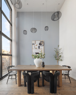 Dining room, Interior, Pendant Lights, Wood Texture Flooring