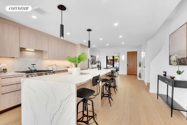 Interior, Kitchen, Marble Walls, Pendant Lights, Recessed Lighting, Wood Texture Flooring