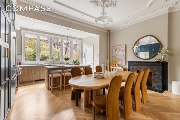 Dining room, Fireplace, Interior, Pendant Lights, Recessed Lighting, Wood Texture Flooring