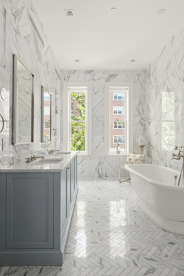 Bathroom, Free Standing Baths, Interior, Marble, Marble Walls, Recessed Lighting