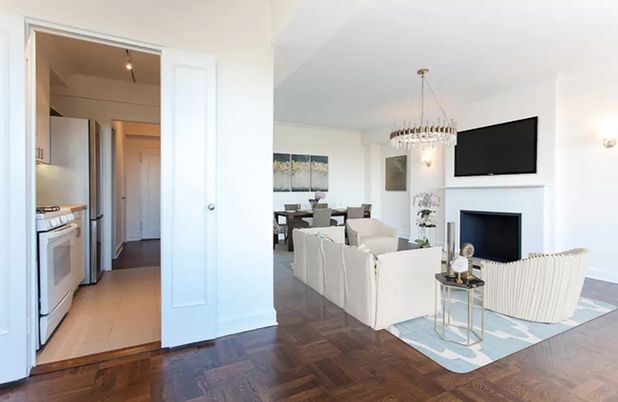 Chandelier, Dining room, Fireplace, Interior, Living room, Pendant Lights, Wood Texture Flooring