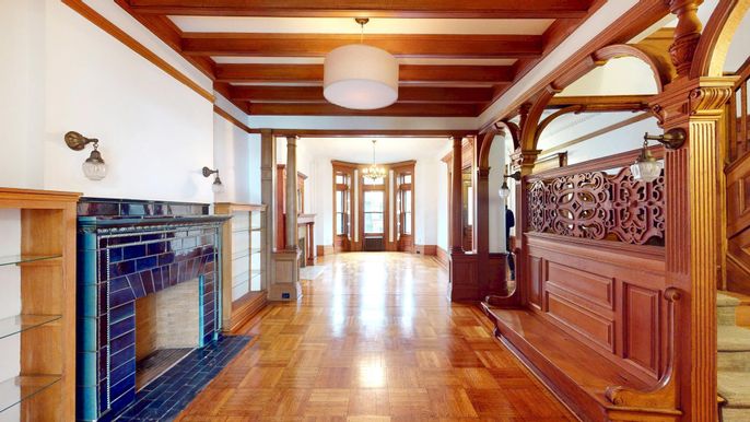 Fireplace, Interior, Pendant Lights, Wooden Beams, Wood Texture Flooring