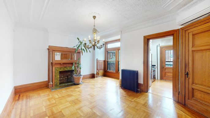 Chandelier, Empty room, Fireplace, Interior, Wood Texture Flooring