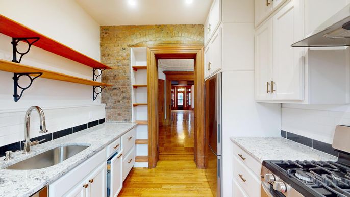 Interior, Kitchen, Recessed Lighting, Stone Walls, Wood Texture Flooring