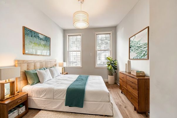 Bedroom, Interior, Pendant Lights, Wood Texture Flooring