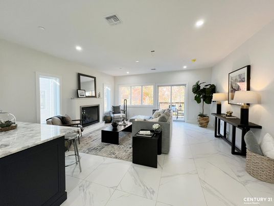 Fireplace, Interior, Living room, Marble, Recessed Lighting