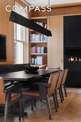 Dining room, Fireplace, Interior, Pendant Lights, Wood Texture Flooring, Wooden Walls