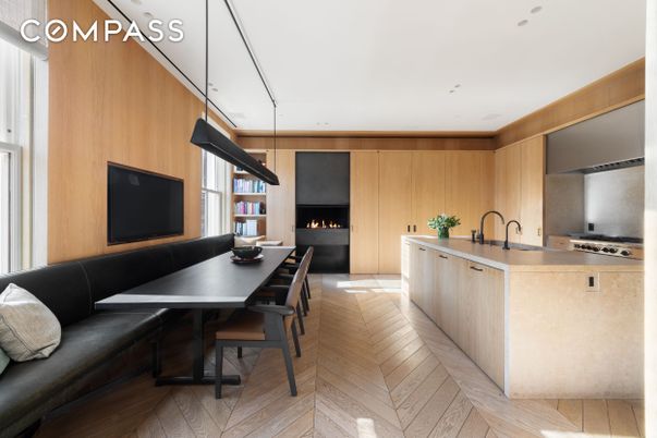 Dining room, Fireplace, Interior, Kitchen, Recessed Lighting, Stainless Steel Appliances, Wood Texture Flooring