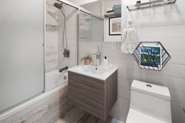 Bathroom, Glass Shower, Interior, Wood Texture Flooring