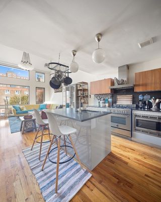 Dining room, Interior, Kitchen, Living room, Stainless Steel Appliances, Wood Texture Flooring